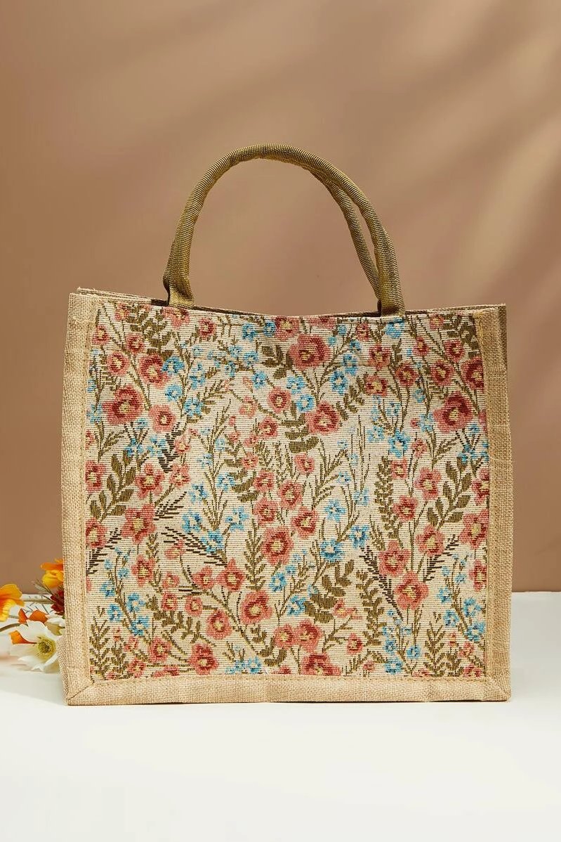 Floral Embroideried Burlap Handbag