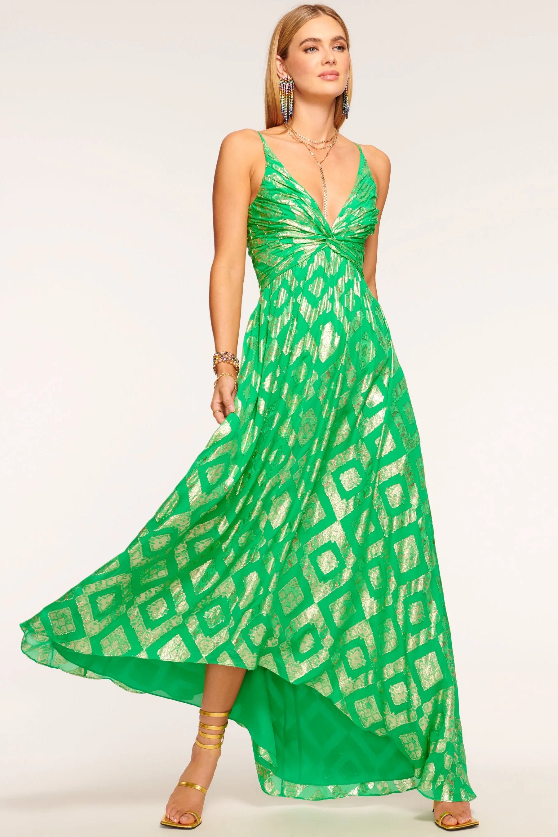 Metallic V-Neck Maxi Dress Green – JardinVue