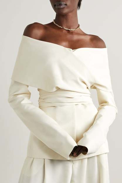 Long Sleeve One-Shoulder Lace Up Twill Set White