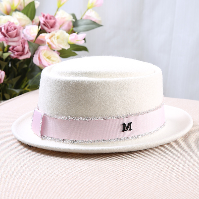 White Flat Top Short Brim Wool Felt Hat For Women
