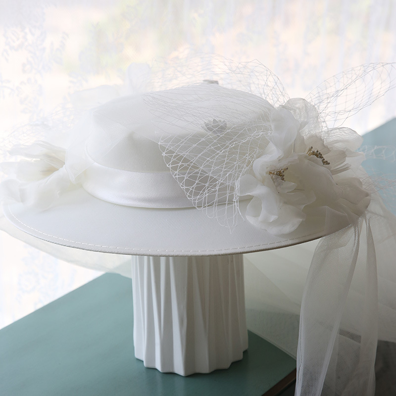 Women's Elegant White Satin Mesh Flowers Top Hat