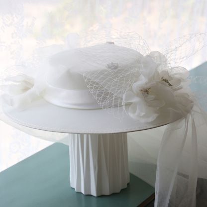Women's Elegant White Satin Mesh Flowers Top Hat