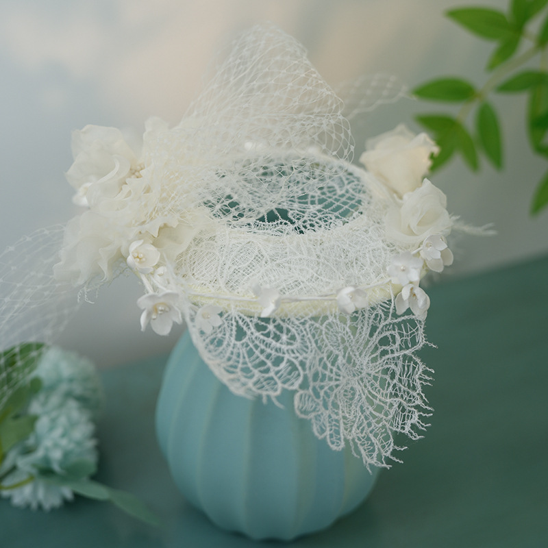 Summer Linen Hand-Woven Mesh Decorative French White Wedding Hat