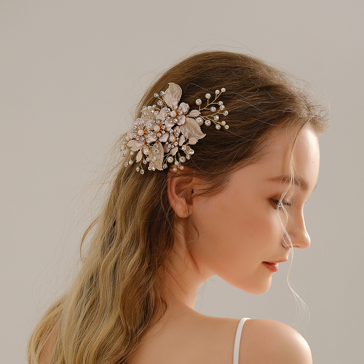 Handmade Pearl Bridal Gold Silk Floral Leaf Headdress