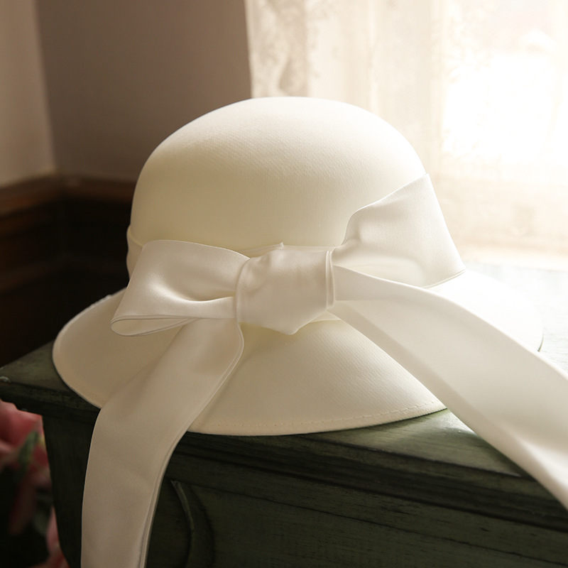 French Simple Satin Bow White Fisherman Hat