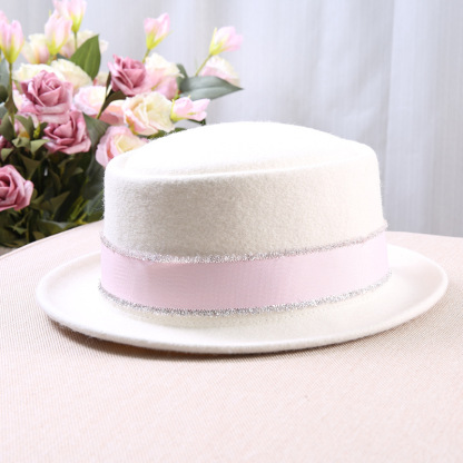 White Flat Top Short Brim Wool Felt Hat For Women