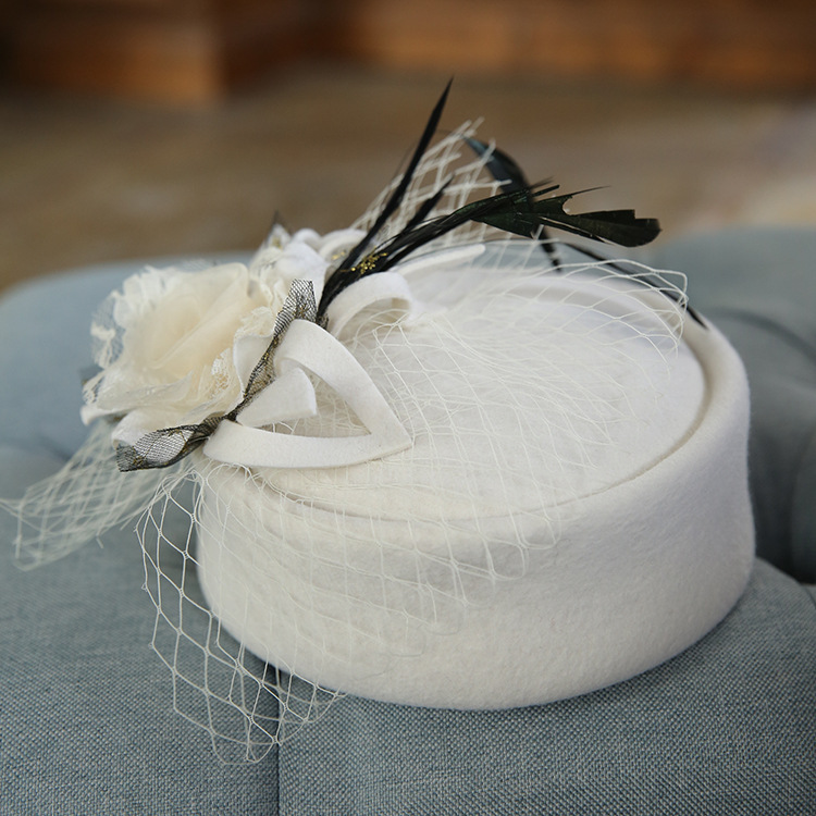 British Retro Elegant Bow Mesh Wool Stewardess Hat