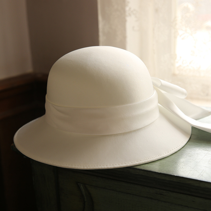 French Simple Satin Bow White Fisherman Hat
