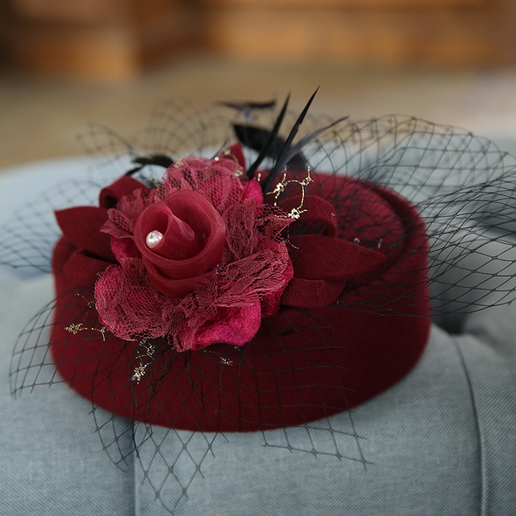 British Retro Elegant Bow Mesh Wool Stewardess Hat