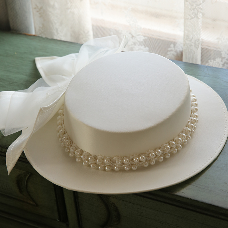 Women's French Elegant Pearl Flat Top Hat