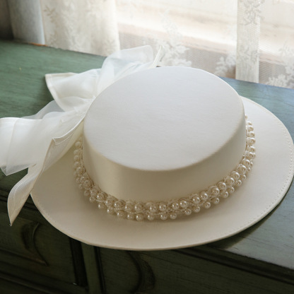Women's French Elegant Pearl Flat Top Hat