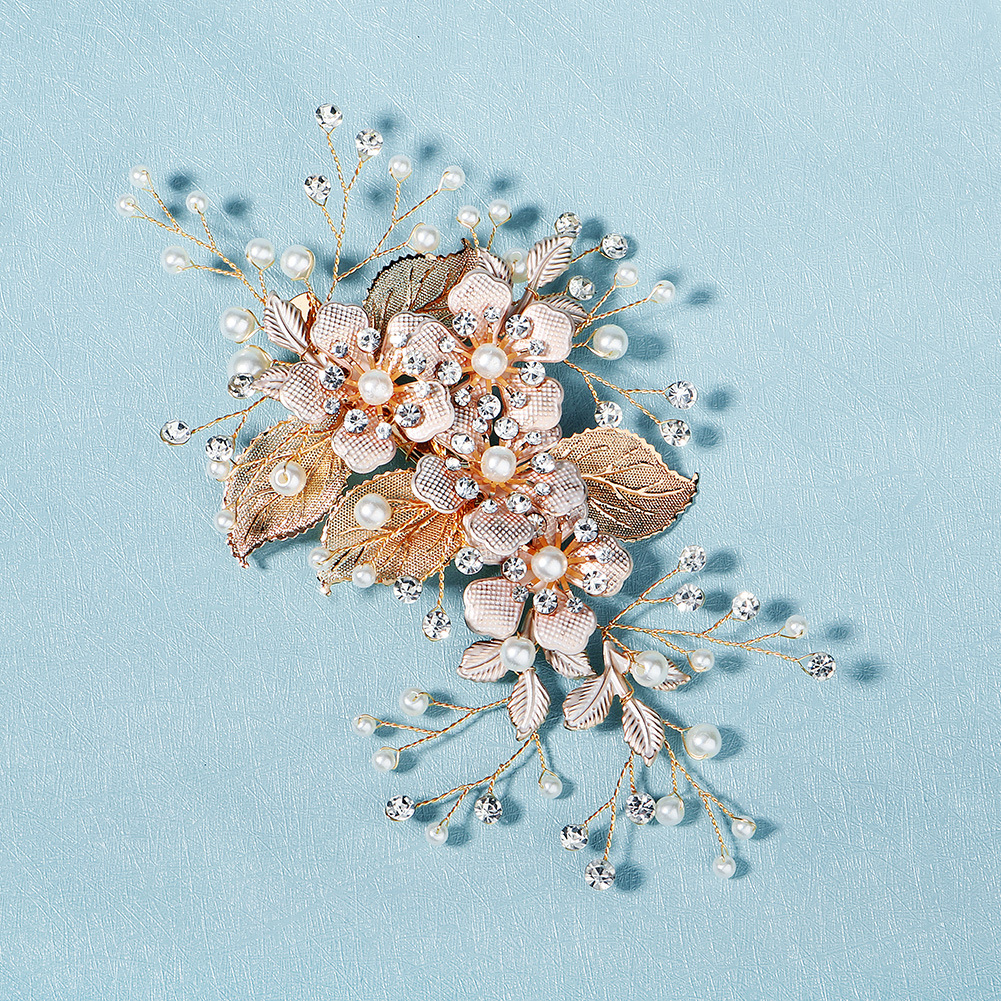 Handmade Pearl Bridal Gold Silk Floral Leaf Headdress