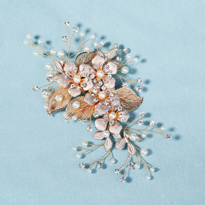 Handmade Pearl Bridal Gold Silk Floral Leaf Headdress