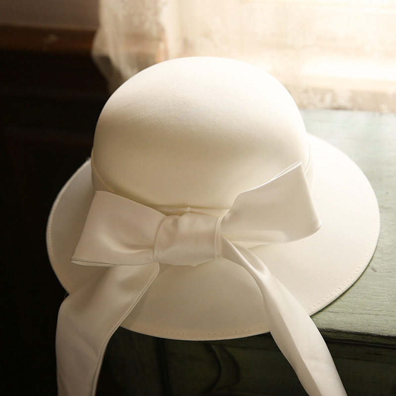 French Simple Satin Bow White Fisherman Hat