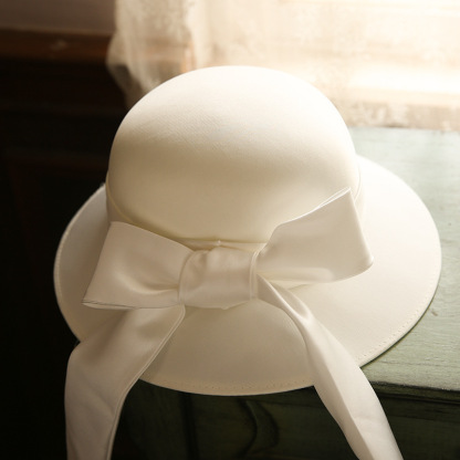 French Simple Satin Bow White Fisherman Hat
