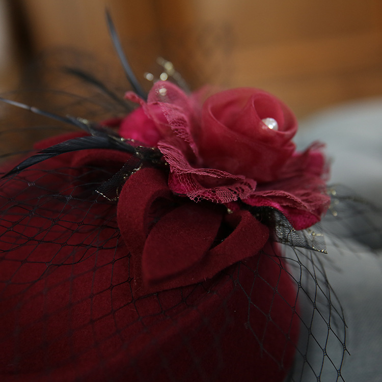 British Retro Elegant Bow Mesh Wool Stewardess Hat