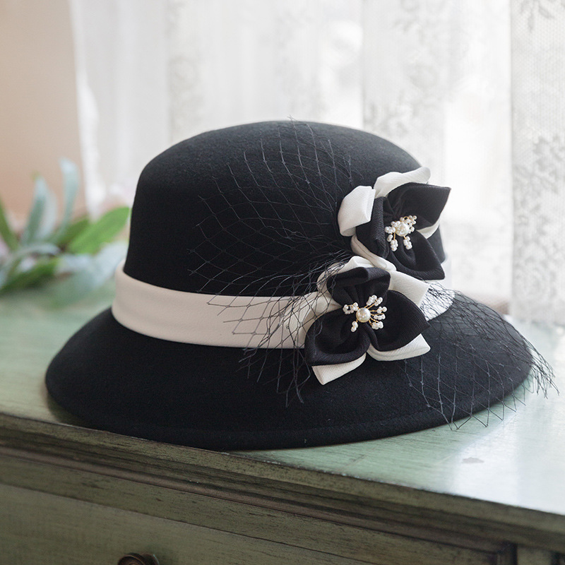 French Hepburn Style Black Woolen Basin Hat