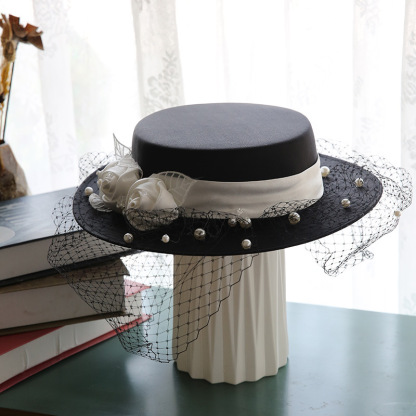 French Retro Hepburn Style Mesh Flat Top Hat