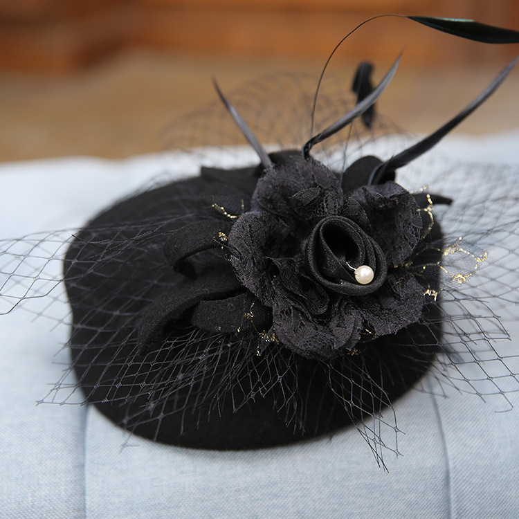 British Retro Elegant Bow Mesh Wool Stewardess Hat