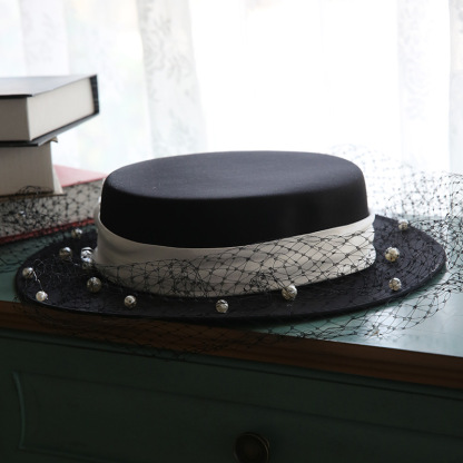 French Retro Hepburn Style Mesh Flat Top Hat