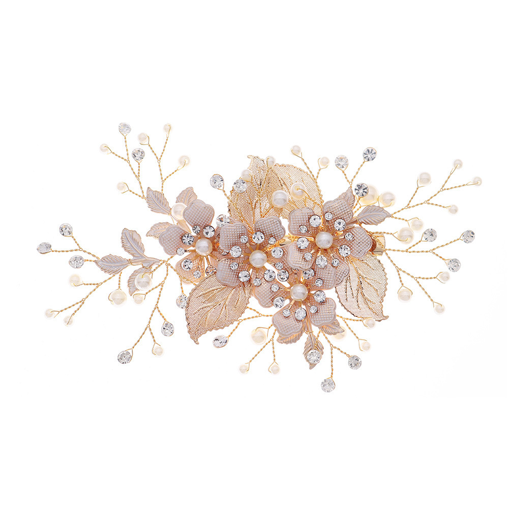 Handmade Pearl Bridal Gold Silk Floral Leaf Headdress