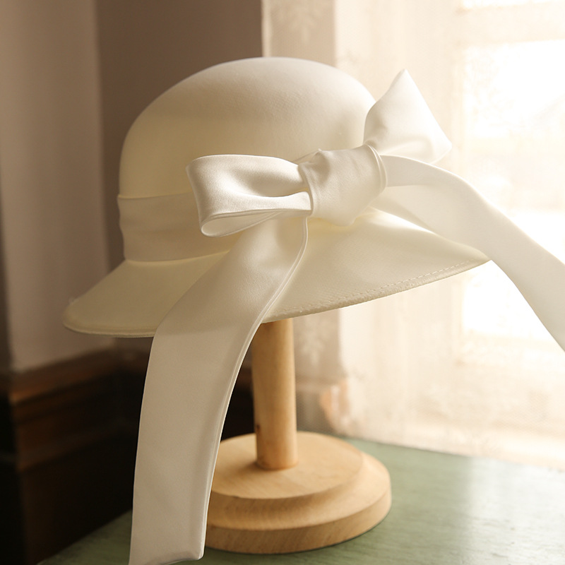 French Simple Satin Bow White Fisherman Hat