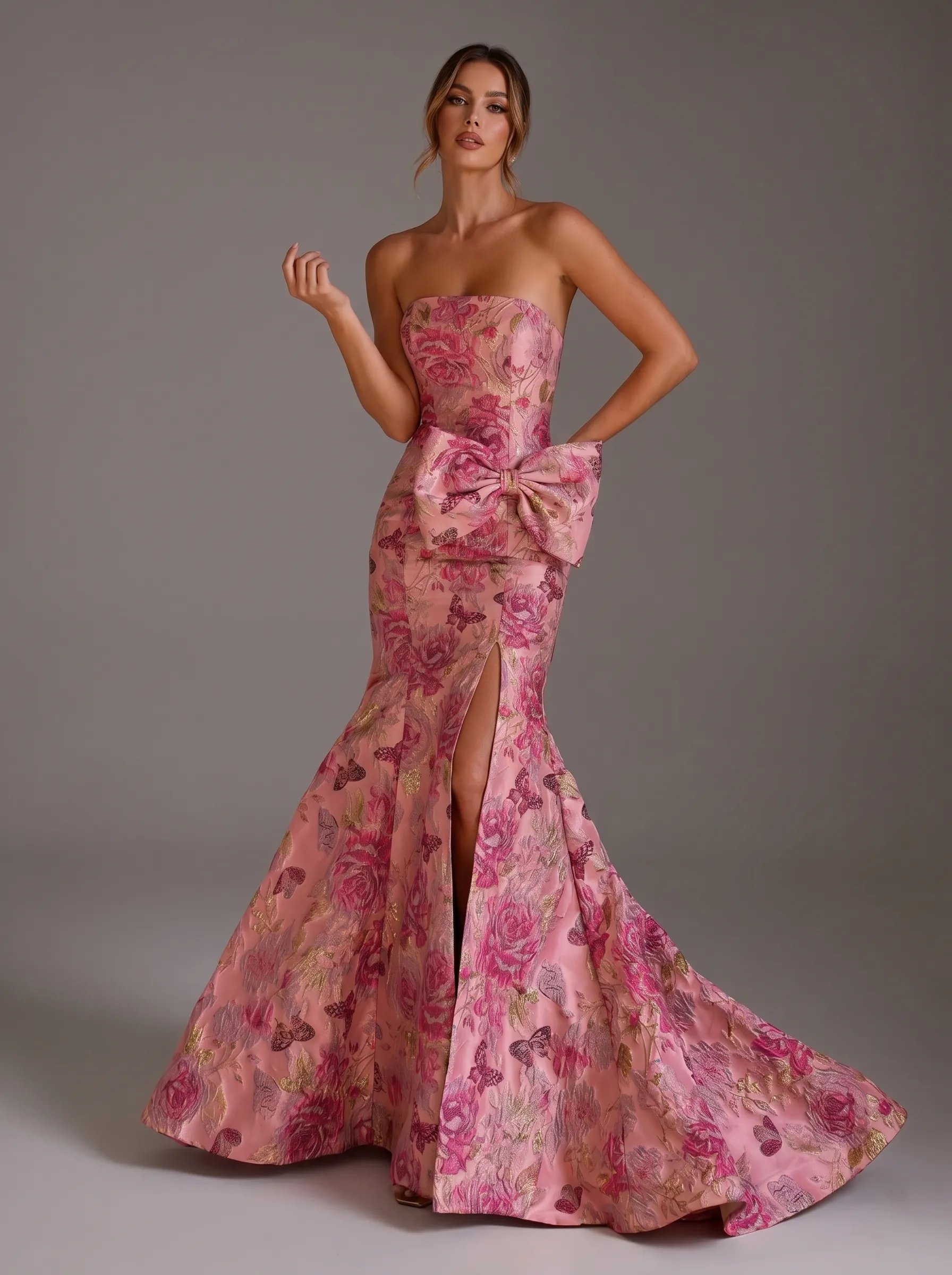 Mermaid Prom Dress 2026 | Strapless Brocade Gown with Dramatic Side Bow #3717