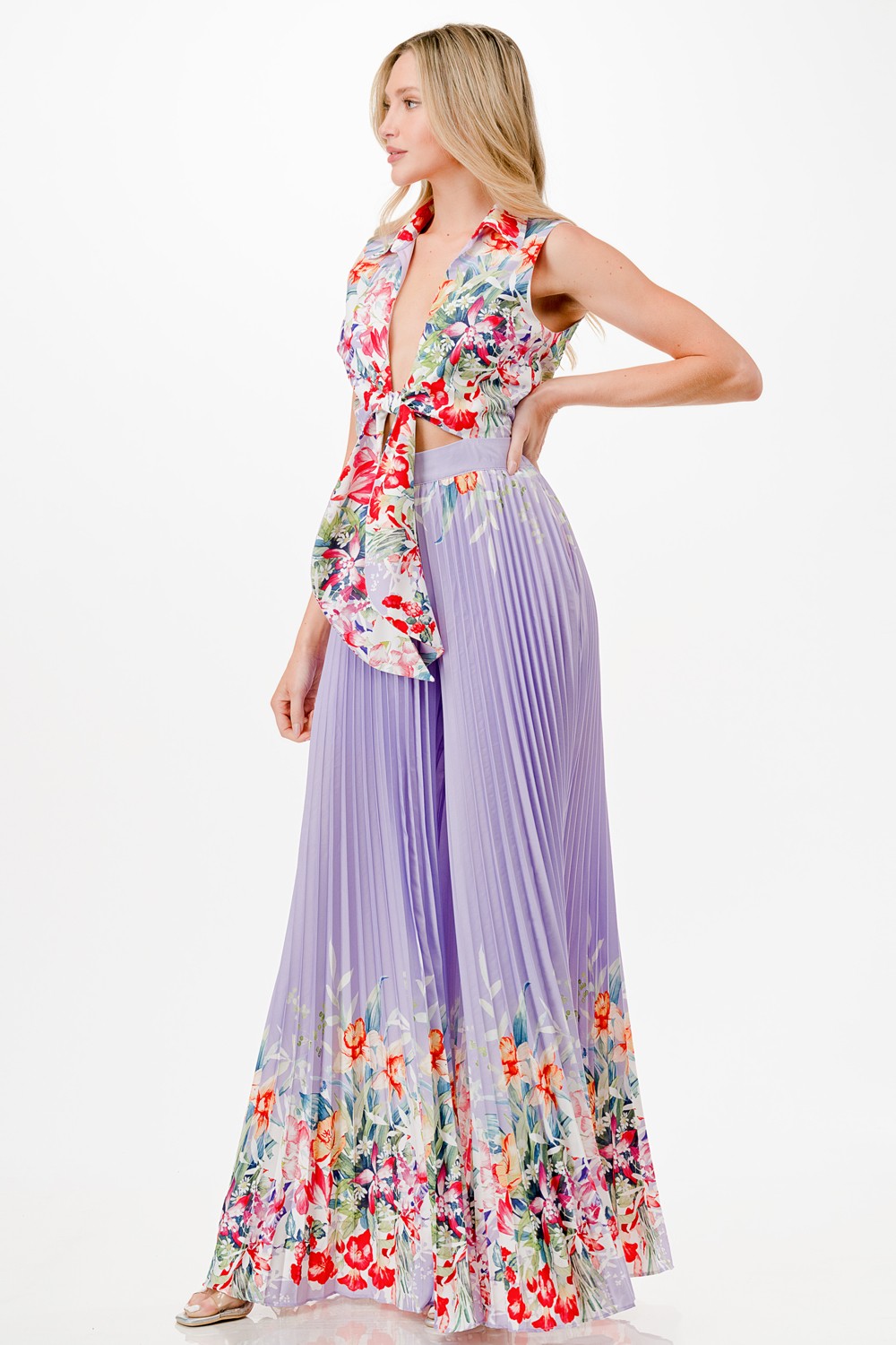 Floral Print Pleated Wide Leg Jumpsuit
