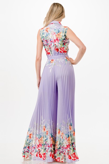 Floral Print Pleated Wide Leg Jumpsuit