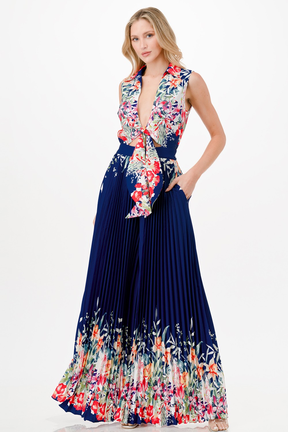 Floral Print Pleated Wide Leg Jumpsuit