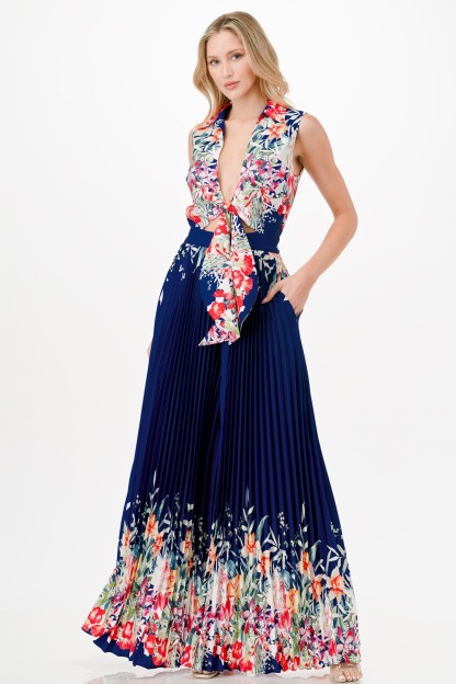 Floral Print Pleated Wide Leg Jumpsuit