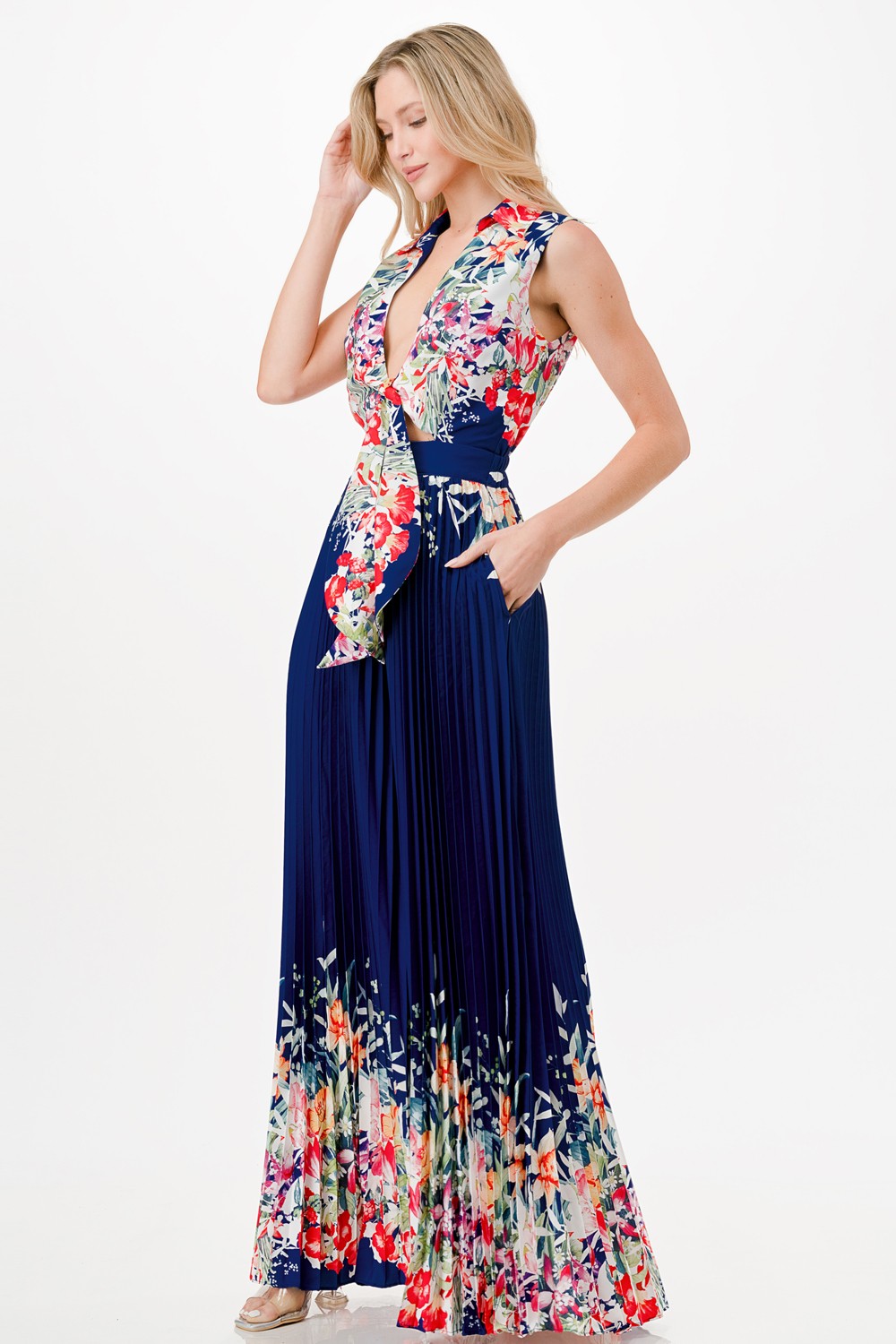 Floral Print Pleated Wide Leg Jumpsuit
