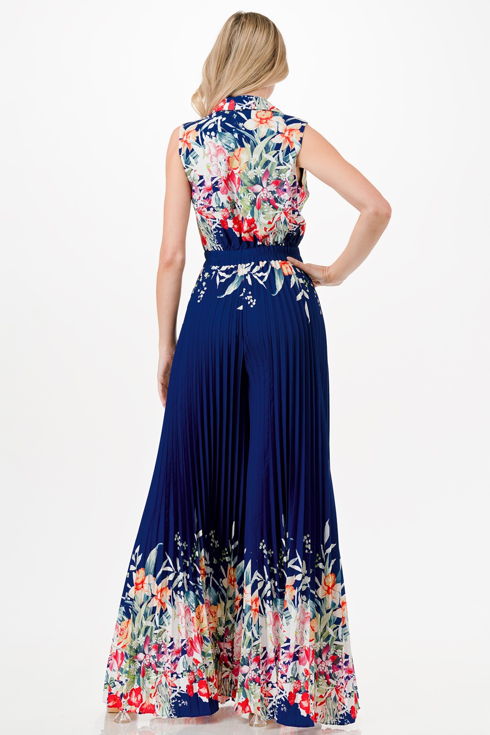 Floral Print Pleated Wide Leg Jumpsuit