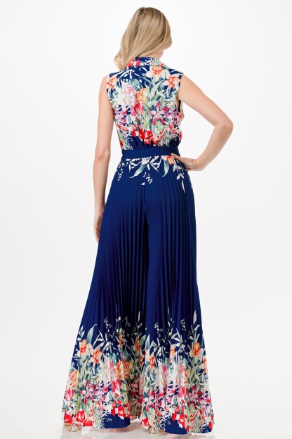 Floral Print Pleated Wide Leg Jumpsuit