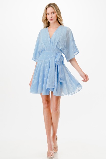 Embroidery Detail Wrap Mini Dress 