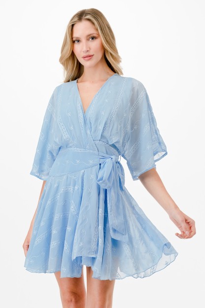 Embroidery Detail Wrap Mini Dress