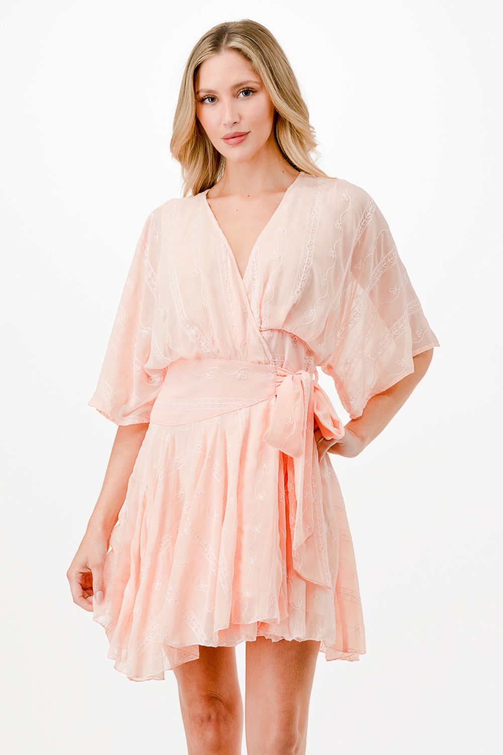 Embroidery Detail Wrap Mini Dress 