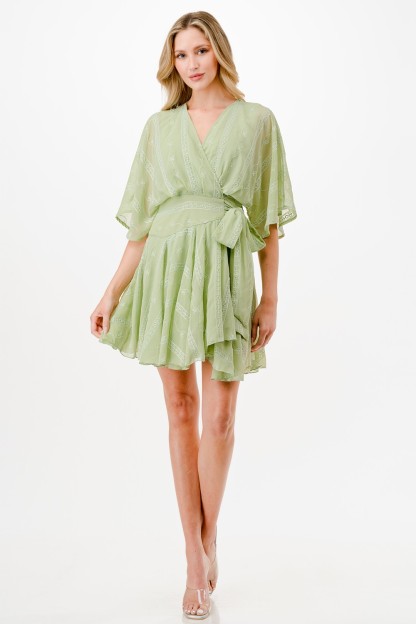 Embroidery Detail Wrap Mini Dress 