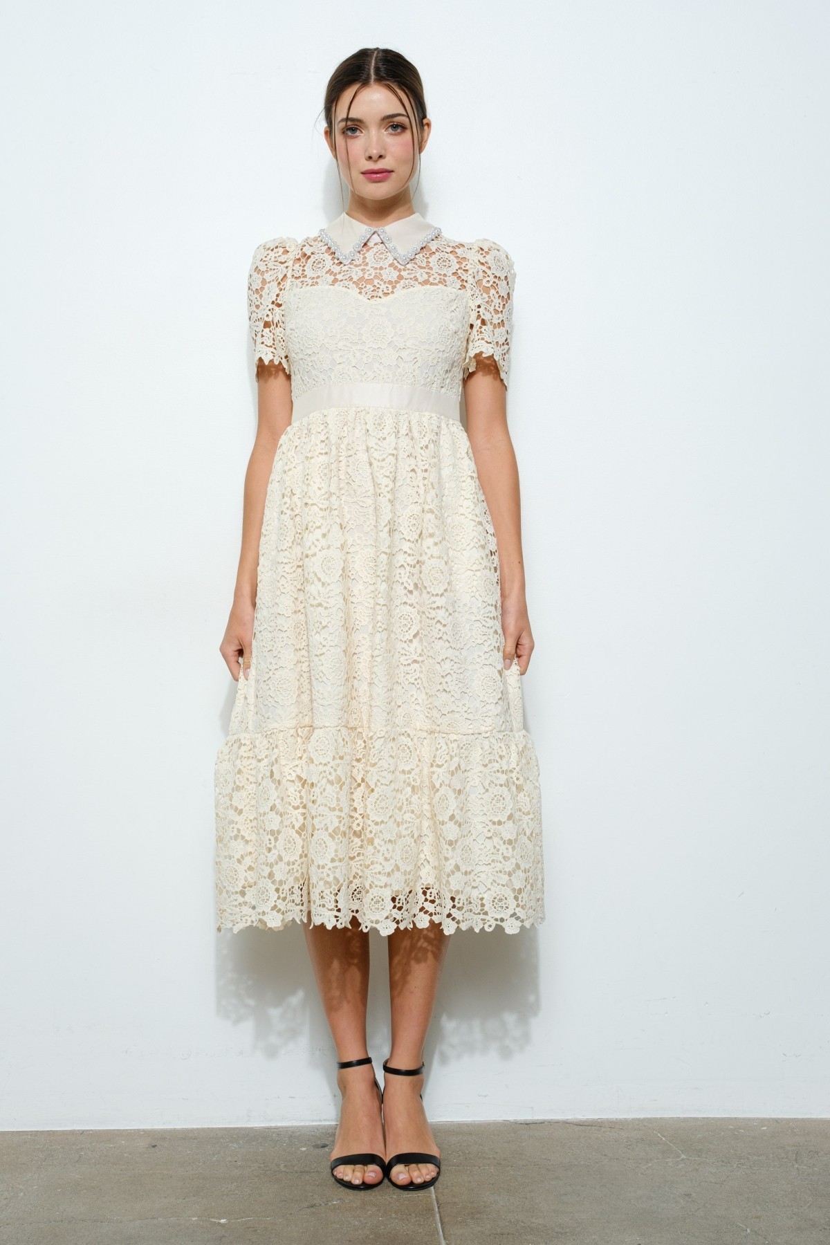 Pearl Embellished Collar Lace Midi Dress #23557937
