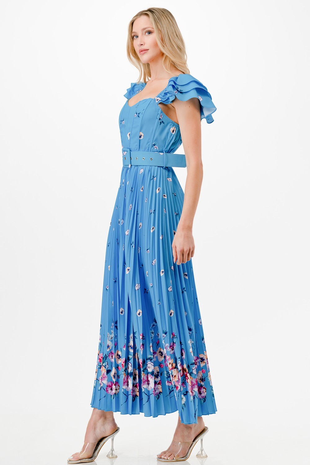 Flower Print Detail Pleated Maxi Dress