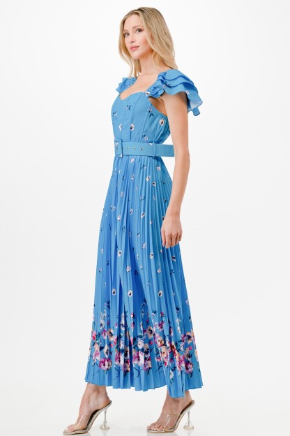Flower Print Detail Pleated Maxi Dress