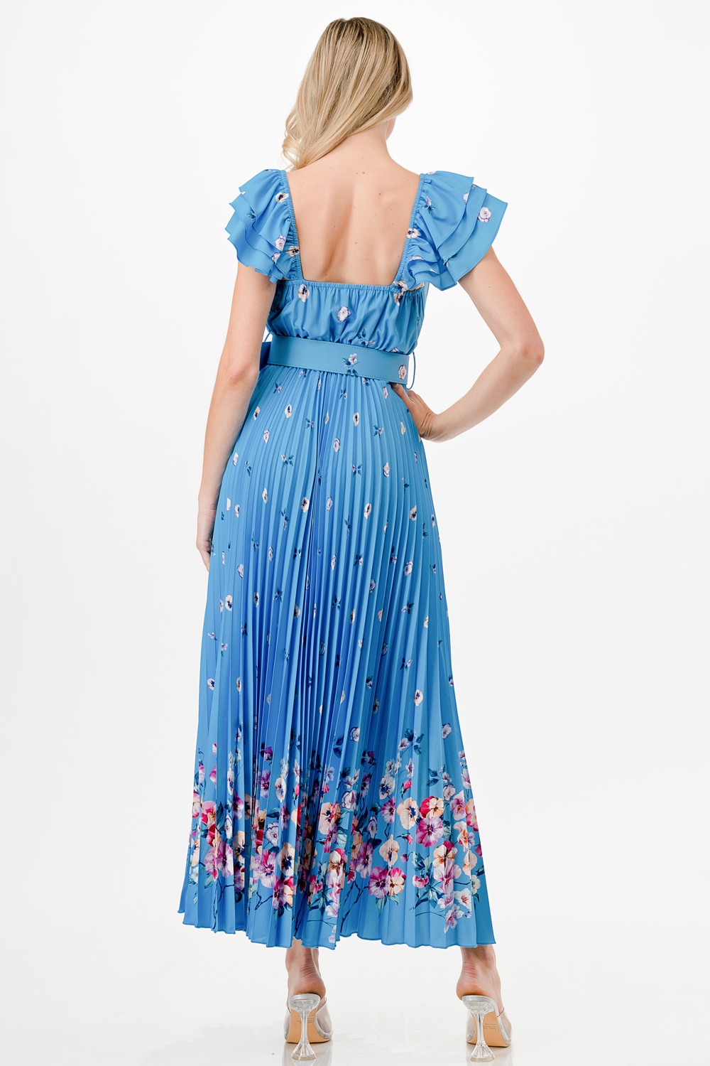 Flower Print Detail Pleated Maxi Dress