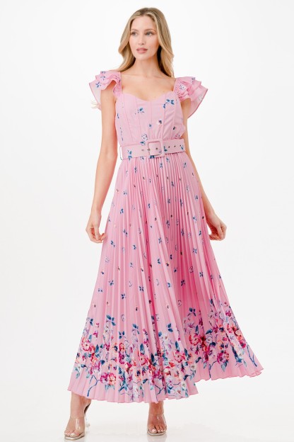 Flower Print Detail Pleated Maxi Dress