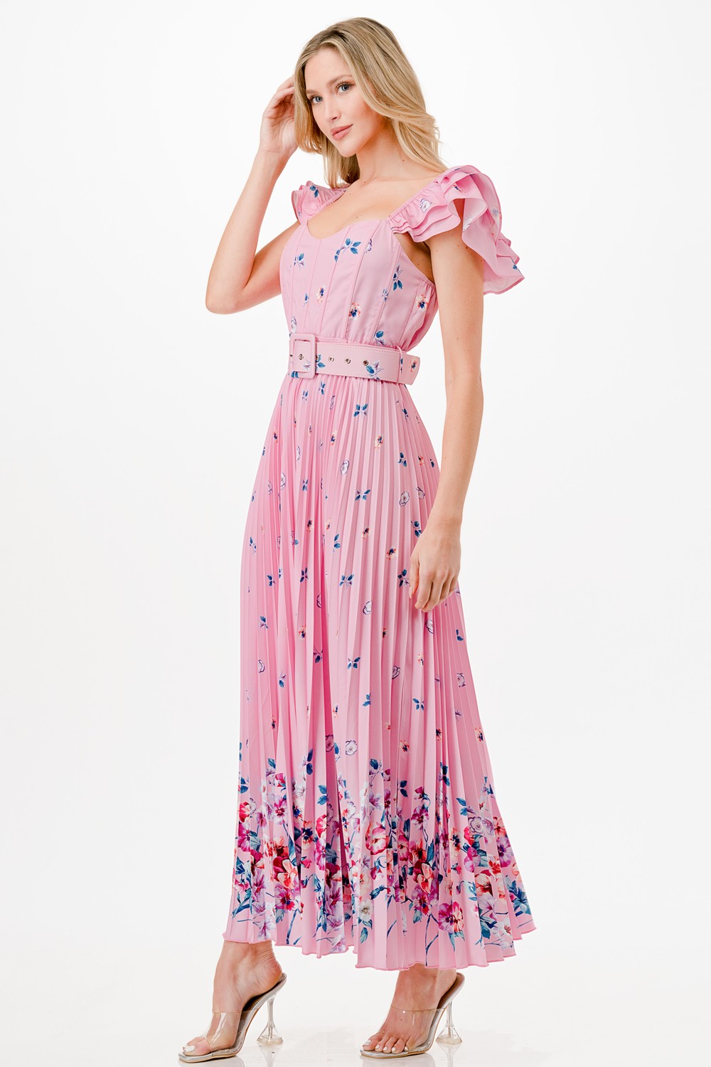 Flower Print Detail Pleated Maxi Dress