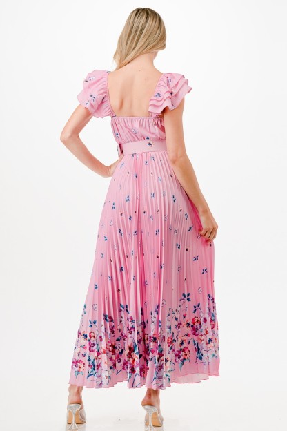 Flower Print Detail Pleated Maxi Dress