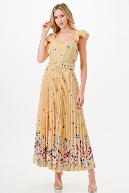 Flower Print Detail Pleated Maxi Dress