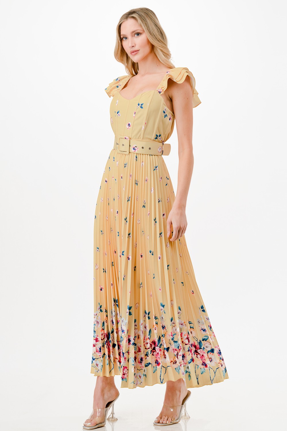 Flower Print Detail Pleated Maxi Dress