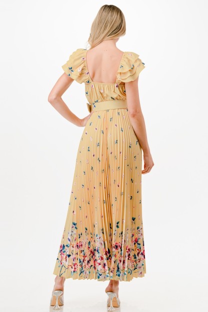 Flower Print Detail Pleated Maxi Dress