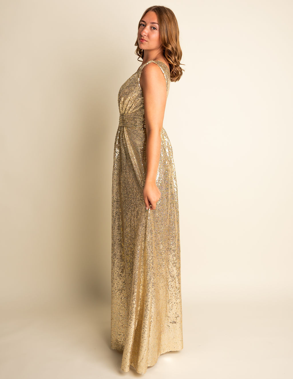 A-Line V-Neck Gold Sequin Bridesmaid Dress With Wide Straps #RJBM009