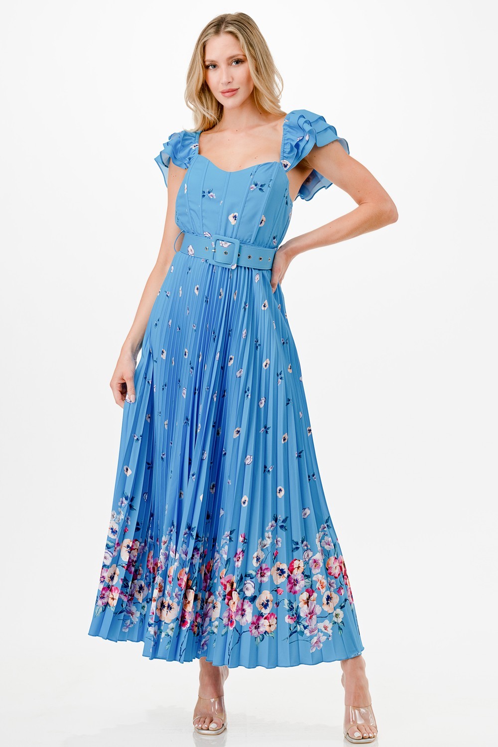 Flower Print Detail Pleated Maxi Dress